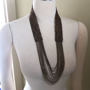 Beaded Boho necklace, bronze/brown beaded pattern & gold multi strand chains
